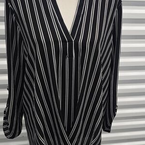 Casual Black and White Striped V-Neck Blouse